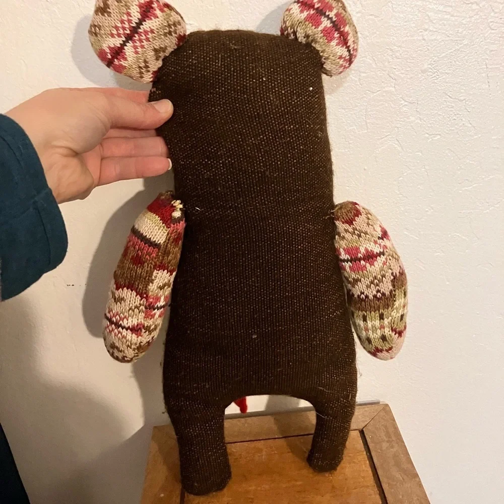 Handmade up cycled sweater bear pillow friend with heart in the pocket